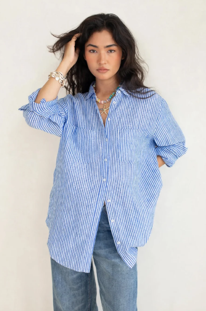 Parallel Culture Shoes and Fashion Online SHIRTS HUT BOYFRIEND LINEN SHIRT - ELECTRIC BLUE STRIPE ELECTRIC BLUE STRIPE