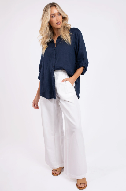 Parallel Culture Shoes and Fashion Online SHIRTS HUT BOYFRIEND LINEN SHIRT, NO POCKETS - NAVY