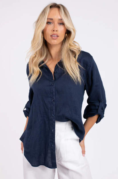 Parallel Culture Shoes and Fashion Online SHIRTS HUT BOYFRIEND LINEN SHIRT, NO POCKETS - NAVY