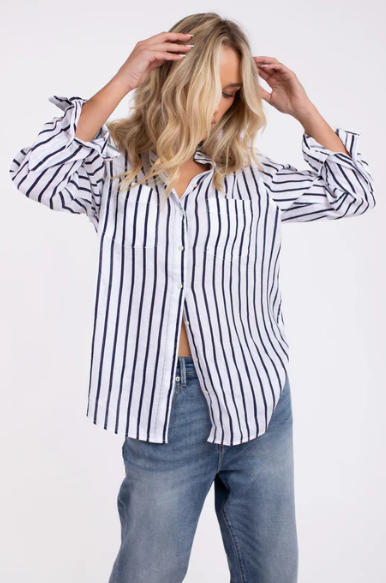 Parallel Culture Shoes and Fashion Online SHIRTS HUT BOYFRIEND LINEN SHIRT - NAVY/WHITE STRIPE