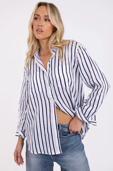 Parallel Culture Shoes and Fashion Online SHIRTS HUT BOYFRIEND LINEN SHIRT - NAVY/WHITE STRIPE