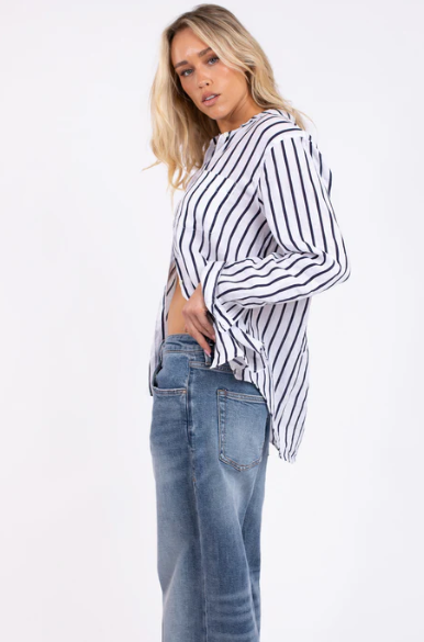 Parallel Culture Shoes and Fashion Online SHIRTS HUT BOYFRIEND LINEN SHIRT - NAVY/WHITE STRIPE
