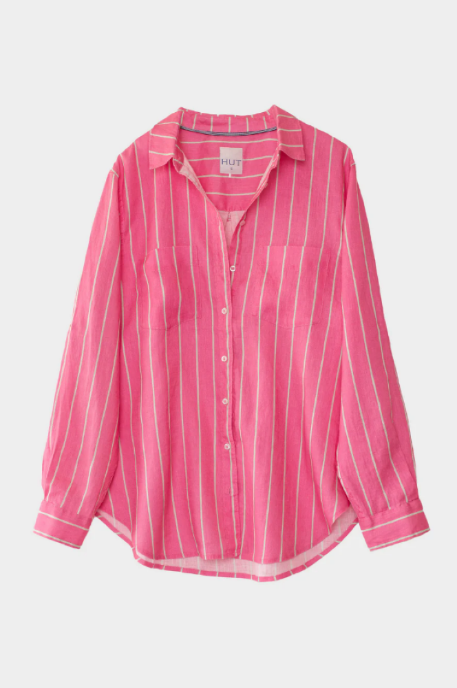 BOYFRIEND LINEN SHIRT - PINK PEPPERMINT STRIPE