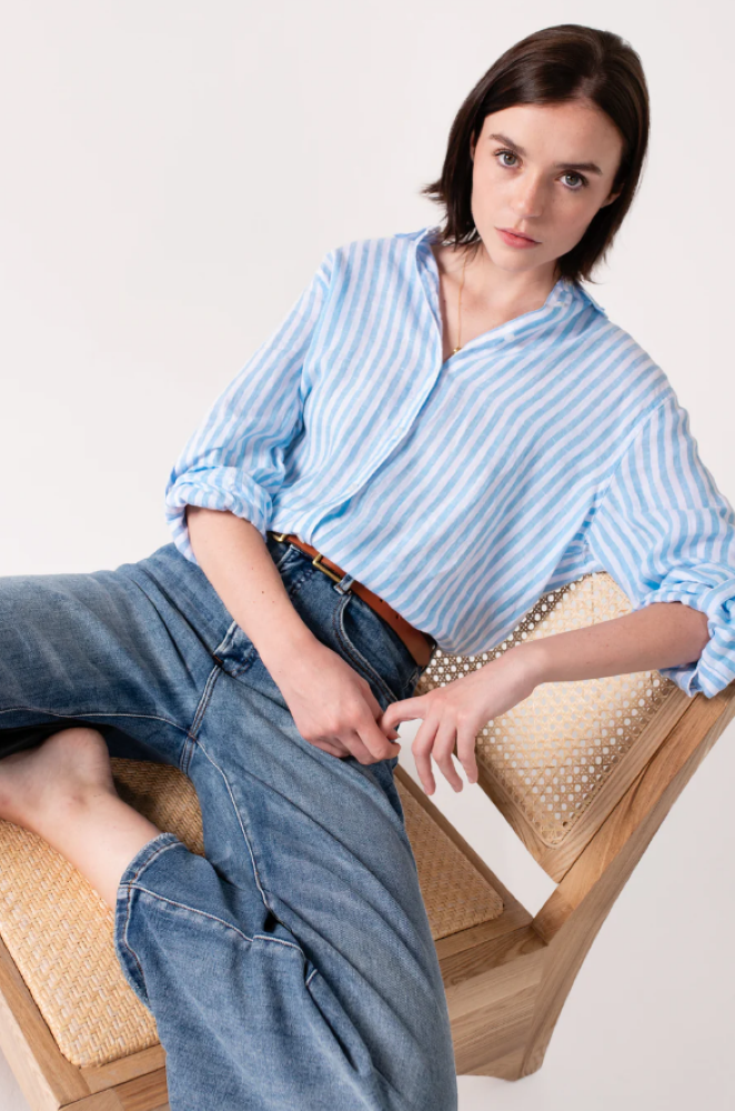 Parallel Culture Shoes and Fashion Online SHIRTS HUT BOYFRIEND LINEN SHIRT - SKY BLUE STRIPE