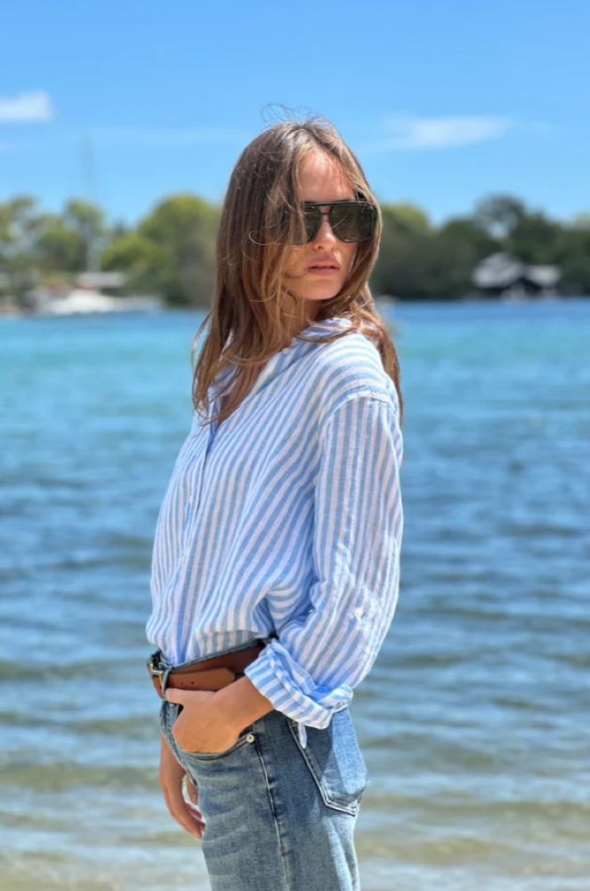 Parallel Culture Shoes and Fashion Online SHIRTS HUT BOYFRIEND LINEN SHIRT - SKY BLUE STRIPE