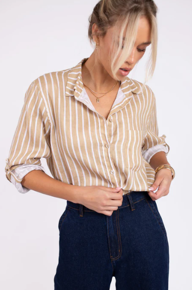 Parallel Culture Shoes and Fashion Online SHIRTS HUT BOYFRIEND LINEN SHIRT - TAN STRIPE TAN