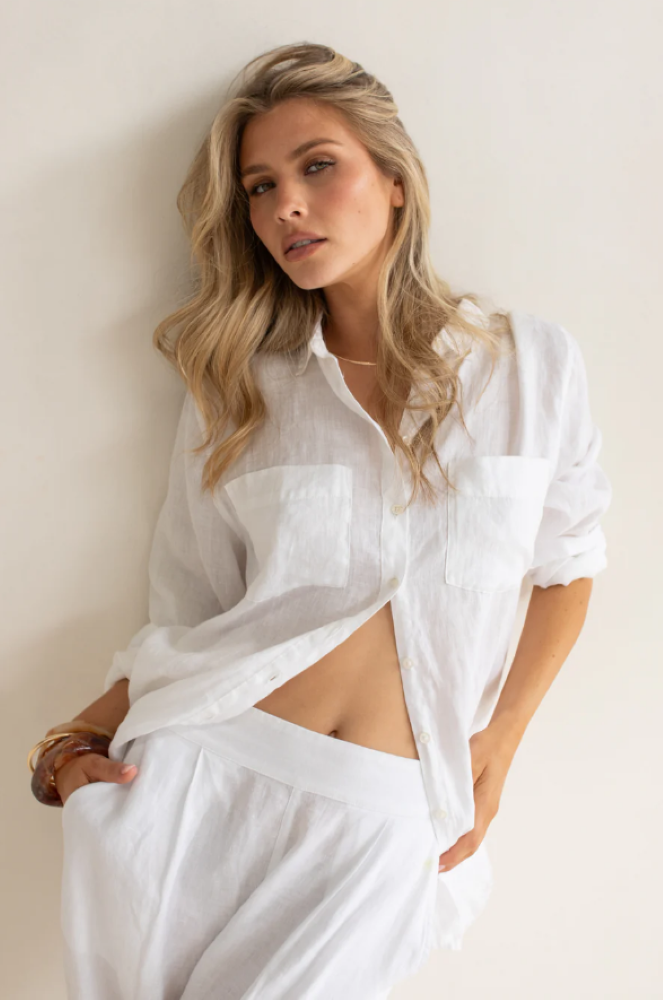 Parallel Culture Shoes and Fashion Online SHIRTS HUT BOYFRIEND LINEN SHIRT - 2 PKT - WHITE WHITE