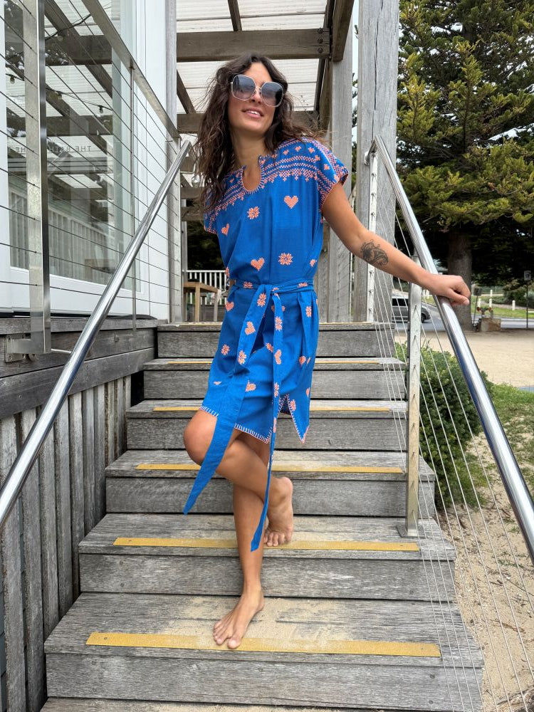 Parallel Culture Shoes and Fashion Online DRESSES SOPHIE MORAN SHORT KAFTAN BLUE ORANGE