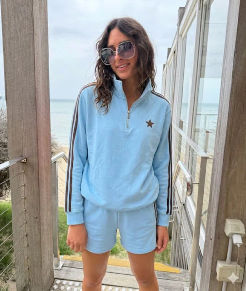 Parallel Culture Shoes and Fashion Online SWEAT SOPHIE MORAN FUNNEL ARM STRIPE SWEATSHIRT BLUE CHOC