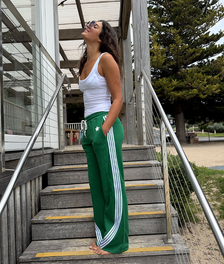 Parallel Culture Shoes and Fashion Online PANTS SOPHIE MORAN WIDE LEG TRACK PANT GREEN WHITE