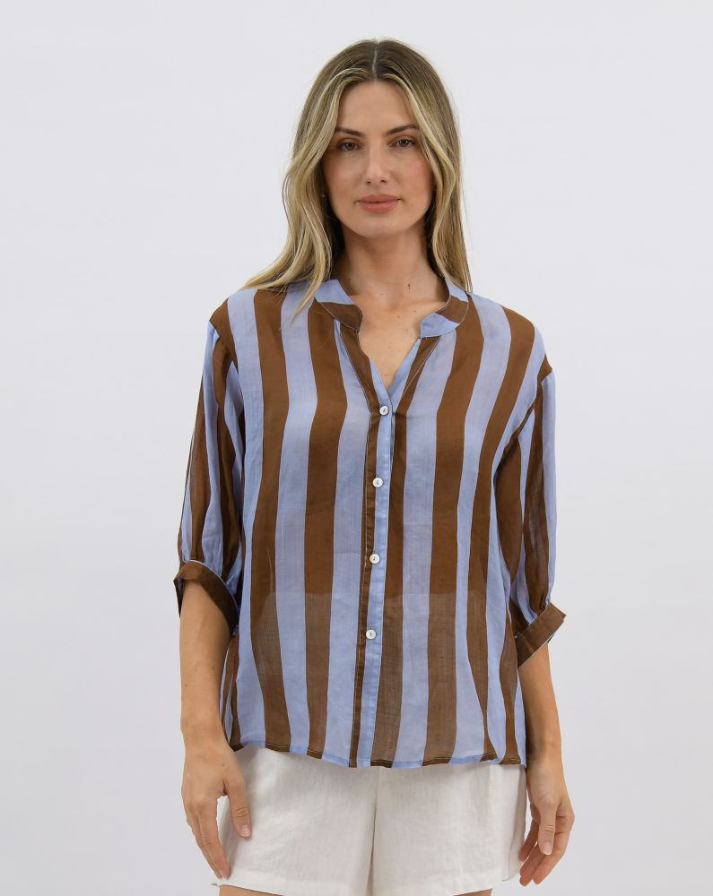 Parallel Culture Shoes and Fashion Online SHIRTS WORTHIER DOROTHY STRIPE LINEN SHIRT CHOC BLUE