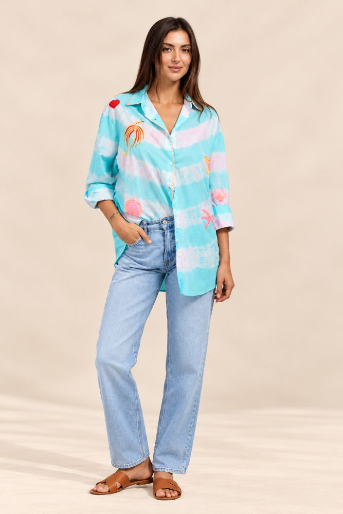 Parallel Culture Shoes and Fashion Online DRESSES ZODA TIE DYE EMBROIDERED SHIRT BLUE